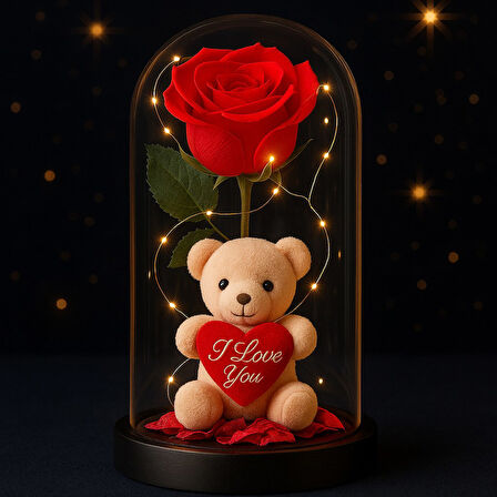 LED Işıklı Mika Fanus İçinde Gül ve Lüx Peluş Ayıcık – 20 cm Sevgiliye Hediye