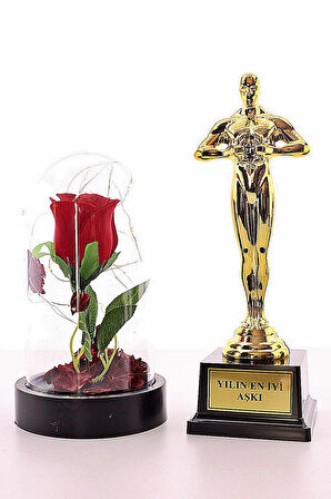 Yılın En İyi Aşkı Oscar Ödülü ve Led Işıklı Fanus Gül Seti