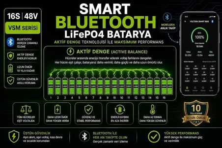 Volta VSM Uyumlu 48v 18ah LiFePO4 Smart Batarya (uzun menzil, stabil güç, 10 yıl ömür) +Bluetooth Özellikli