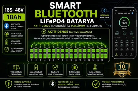 VSM Uyumlu LiFePO4 Smart Bluetooth'lu Batarya (Daha Uzun Menzil, Stabil güç, 10 yıl ömür) +Aktif Balans Özellikli