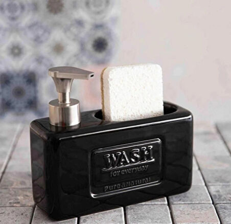 Şık ve Fonksiyonel Seramik Süngerlikli Sıvı Sabunluk/Deterjanlık, Siyah, 500 ml