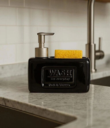 Şık ve Fonksiyonel Seramik Süngerlikli Sıvı Sabunluk/Deterjanlık, Siyah, 500 ml