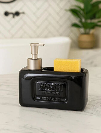 Şık ve Fonksiyonel Seramik Süngerlikli Sıvı Sabunluk/Deterjanlık, Siyah, 500 ml