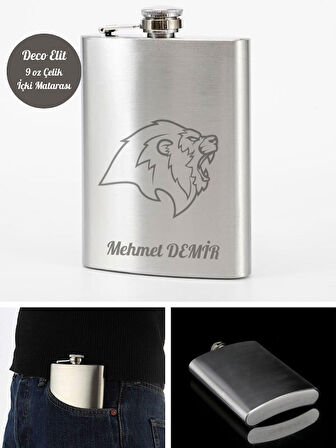 Kişiye Özel Aslan Temalı 9 Oz  Çelik Cep Matarası 266 Ml İçecek Cep Matarası Vip Hediye