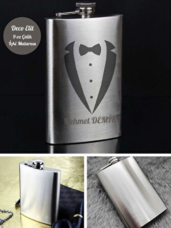 Kişiye Özel Smokin Damat Temalı 9 Oz Çelik Cep Matarası 266 Ml Sevgiliye Hediye