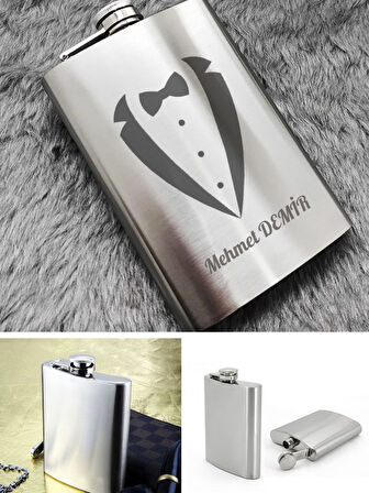 Kişiye Özel Smokin Damat Temalı 9 Oz Çelik Cep Matarası 266 Ml Sevgiliye Hediye