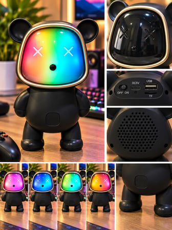 Ayıcık Bluetooth Hoparlör RGB Animasyon Işıklı Yüksek Ses Çıkışlı USB ve Kart Mini Speaker Siyah