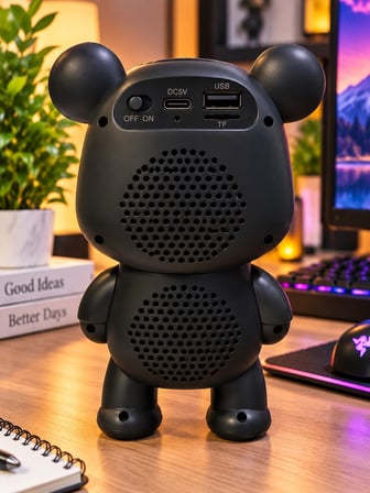 Ayıcık Bluetooth Hoparlör RGB Animasyon Işıklı Yüksek Ses Çıkışlı USB ve Kart Mini Speaker Siyah