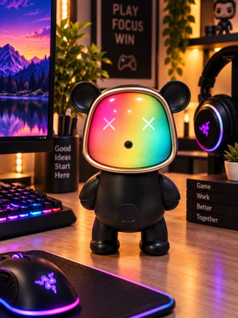 Ayıcık Bluetooth Hoparlör RGB Animasyon Işıklı Yüksek Ses Çıkışlı USB ve Kart Mini Speaker Siyah