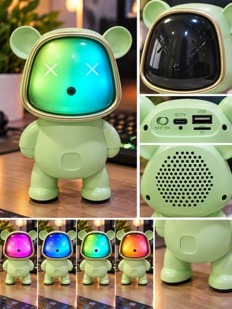 Ayıcık Bluetooth Hoparlör RGB Animasyon Işıklı Yüksek Ses Çıkışlı USB ve Kart Mini Speaker Yeşil