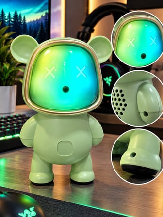 Ayıcık Bluetooth Hoparlör RGB Animasyon Işıklı Yüksek Ses Çıkışlı USB ve Kart Mini Speaker Yeşil