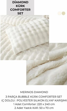 Merinos Diamond Kürk Bubble Desen Comforter Set, Çift Kişilik Yorgan Seti (220x240)