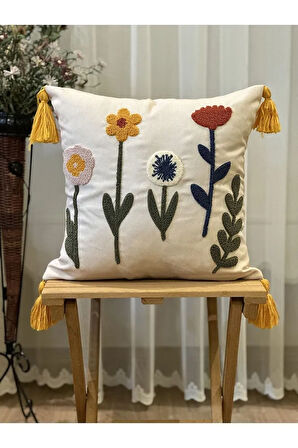 TEKLİ PUNCH İŞLEMELİ ÇİÇEKLİ FLOWERS PANÇLI NAKIŞLI DEKORATİF KIRLENT KILIFI 35X50