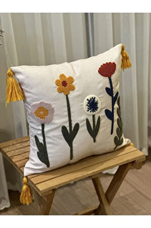 TEKLİ PUNCH İŞLEMELİ ÇİÇEKLİ FLOWERS PANÇLI NAKIŞLI DEKORATİF KIRLENT KILIFI 35X50