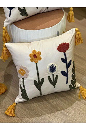 TEKLİ PUNCH İŞLEMELİ ÇİÇEKLİ FLOWERS PANÇLI NAKIŞLI DEKORATİF KIRLENT KILIFI 35X50