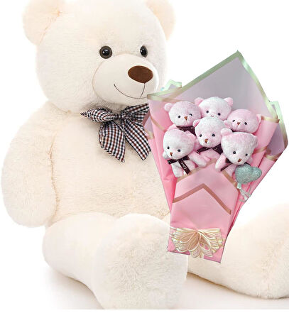 Sevimli 90 cm Peluş Ayı ile  Pembe Konsept Romantik Peluş Ayıcık Buketi