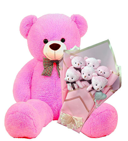 Sevimli 90 cm Peluş Ayı ile  Pembe Konsept Romantik Peluş Ayıcık Buketi