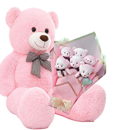 Sevimli 90 cm Peluş Ayı ile  Pembe Konsept Romantik Peluş Ayıcık Buketi