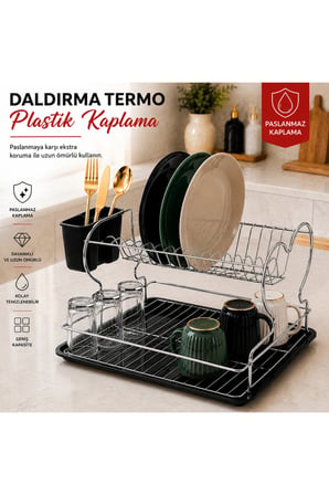   2 katlı daldırma termo plastik kaplama bulaşıklık | paslanmaz & kararma yapmaz | ultra geniş kapasiteli tabaklık,premium mutfak kurutmalık 45x35 cm-krom-si̇yah