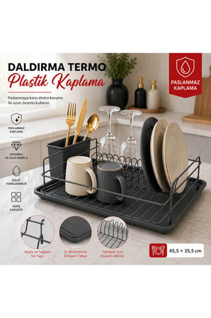  daldırma termo plastik kaplama bulaşıklık | paslanmaz & kararma yapmaz | ultra geniş kapasiteli tabaklık | su tutmayan tepsi | premium mutfak kurutmalık 45,5x35,5 cm-antrasi̇t