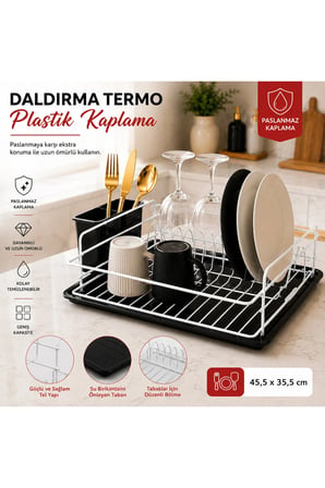   daldırma termo plastik kaplama bulaşıklık | paslanmaz & kararma yapmaz | ultra geniş kapasiteli tabaklık | su tutmayan tepsi | premium mutfak kurutmalık 45,5x35,5 cm-beyaz