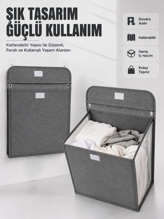 Duvara Asılabilir Katlanabilir Kirli Çamaşır Sepeti Geniş Hacimli Düzenleyici