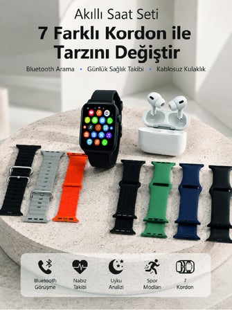 Bluetooth Görüşme Destekli Akıllı Saat Seti Kablosuz Kulaklık, 7 Kordon ve Çoklu Spor Modu