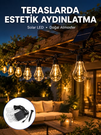 Güneş Enerjili LED Ampul Zincir Işık Sıcak Beyaz Dekoratif Bahçe Aydınlatması