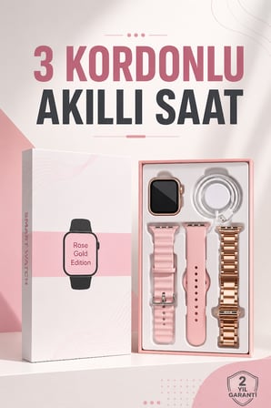 Toptanbulurum Akıllı Saat Altın 3 Kordonlu Amoled Ekran Sesli Görüşme Ekran Şekli Kare