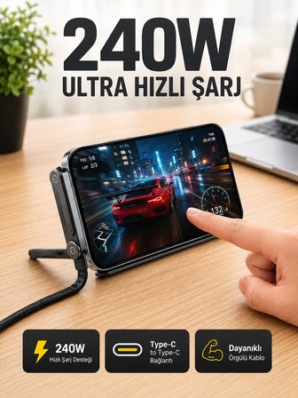 240W Type-C Telefon Standlı Örgülü Şarj ve Data Kablosu