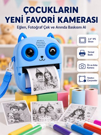 Anında Baskılı Çocuk Fotoğraf Makinesi Termal Yazıcılı Selfie Kamerası