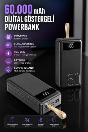 Toptanbulurum Powerbank Taşınabilir Şarj Cihazı 60000 mAh Hızlı Şarj 4 Çıkış Siyah Dijital Göstergeli LED Fener
