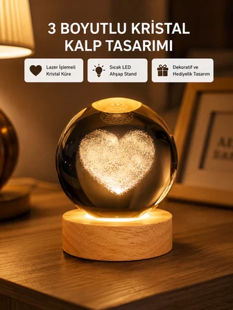 Romantik Kalpli Kristal Cam Küre USB’li Işıklı Dekoratif Obje