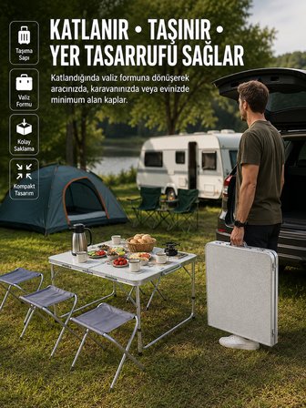 Ayarlanabilir Yükseklikli Kamp ve Piknik Masası 4 Kişilik Katlanabilir Masa Seti