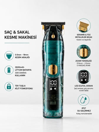 Saç ve Sakal Kesme Makinesi LED Ekranlı Profesyonel 5 Adet Uzunluk Ayarı