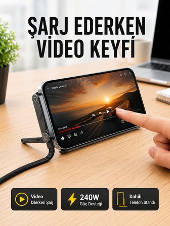 Katlanabilir Telefon Standlı 240W Type-C Hızlı Şarj Kablosu