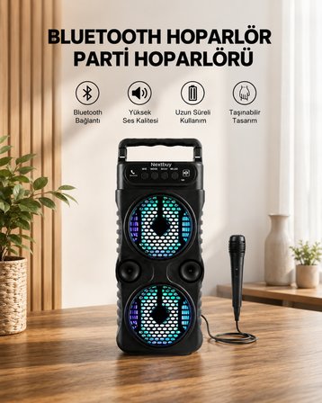LED Işıklı Bluetoothlu Hoparlör Mikrofonlu Taşınabilir Ses Sistemi