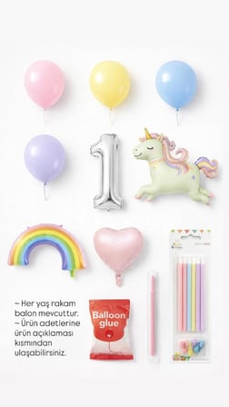 Çocuk Unicorn Gökkuşağı Pastel Doğum Günü Rakam Balonlu Yaş Seçenekli Mumlu Balon Seti