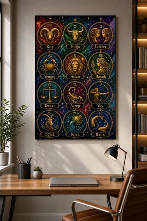 Burçlar Desenli Baskılı Cam Tablo – UV Baskı Astroloji Dekoratif Duvar Tablosu