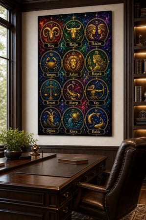 Burçlar Desenli Baskılı Cam Tablo – UV Baskı Astroloji Dekoratif Duvar Tablosu