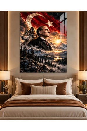 Atatürk Portresi ve Bozkurt Türk Bayrağı Temperli Cam Tablo