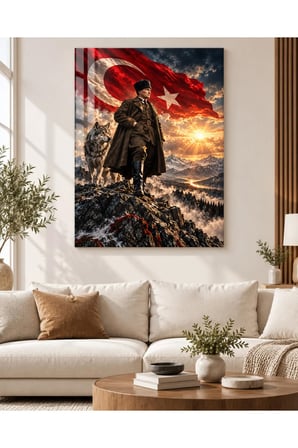 Atatürk ve Bozkurt Türk Bayrağı Temalı Temperli Cam Tablo
