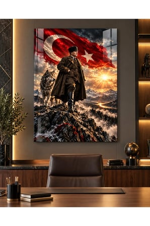 Atatürk ve Bozkurt Türk Bayrağı Temalı Temperli Cam Tablo
