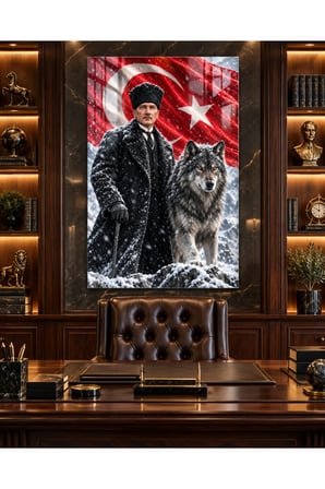 Atatürk, Bozkurt ve Türk Bayrağı Kış Manzaralı Temperli Cam Tablo