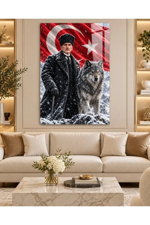 Atatürk, Bozkurt ve Türk Bayrağı Kış Manzaralı Temperli Cam Tablo