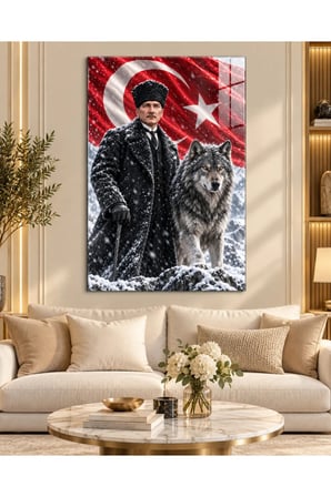 Atatürk, Bozkurt ve Türk Bayrağı Kış Manzaralı Temperli Cam Tablo