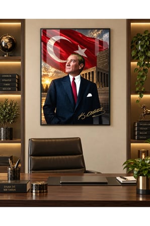 Anıtkabir ve Türk Bayrağı Önünde Atatürk Cam Tablo Ev Ofis Okul Tablosu Dekoratif Cam