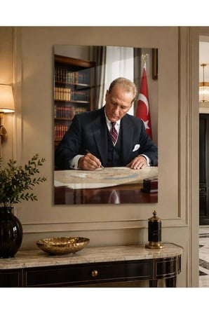 Harita Başında Yazı Yazan Atatürk Cam Tablo