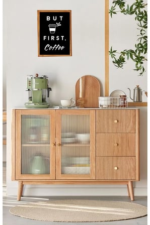 Çay Kahve Köşesi Duvar Dekoru But Fırst Coffee Siyah Zeminli Ahşap Çerçeveli Tablo
