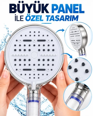 Filtreli 6 Sprey Modlu Duş Başlığı Büyük Panel Beyaz Çok Fonksiyonlu